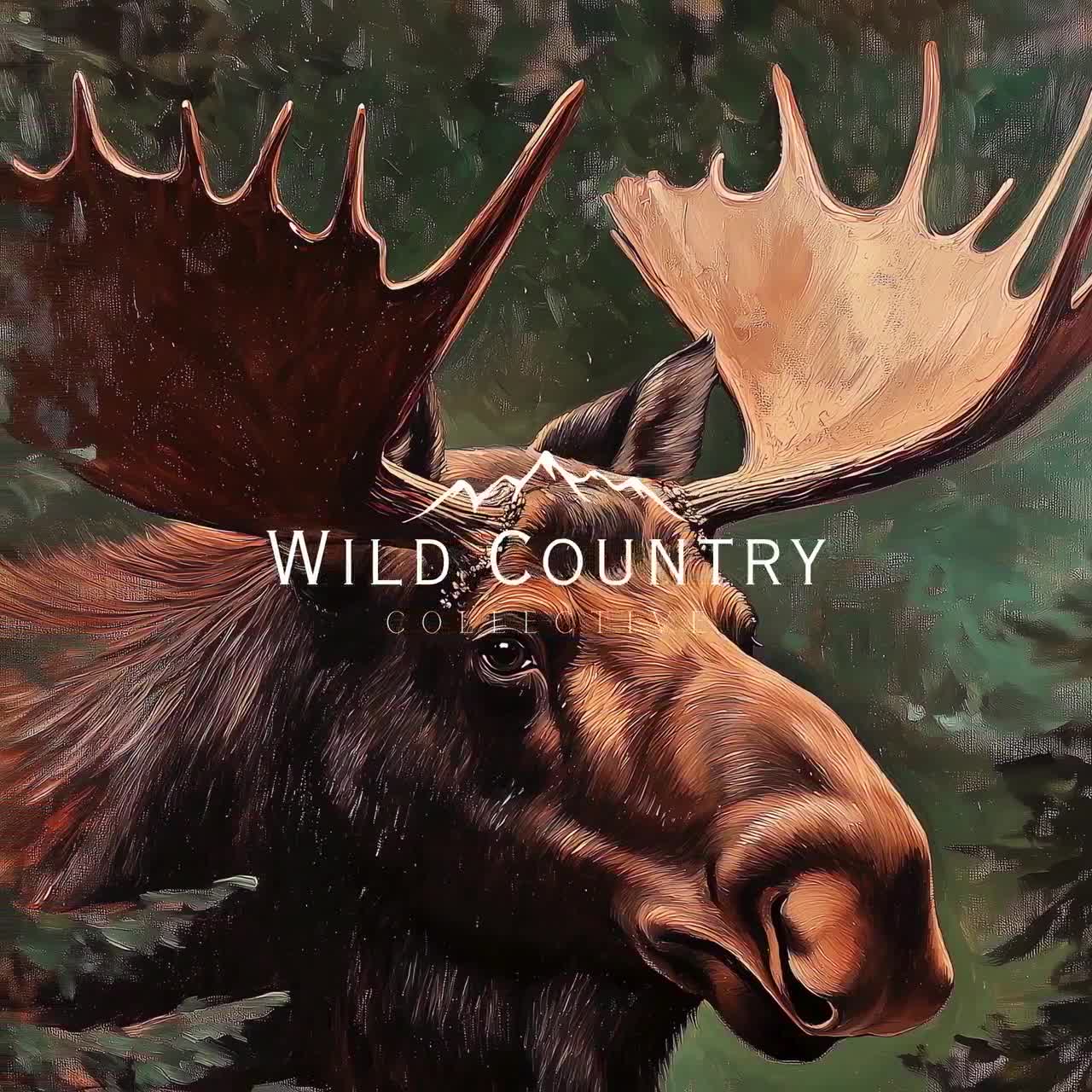 Vintage Hidden Moose Art Print Pine Forest Landscape Painting for